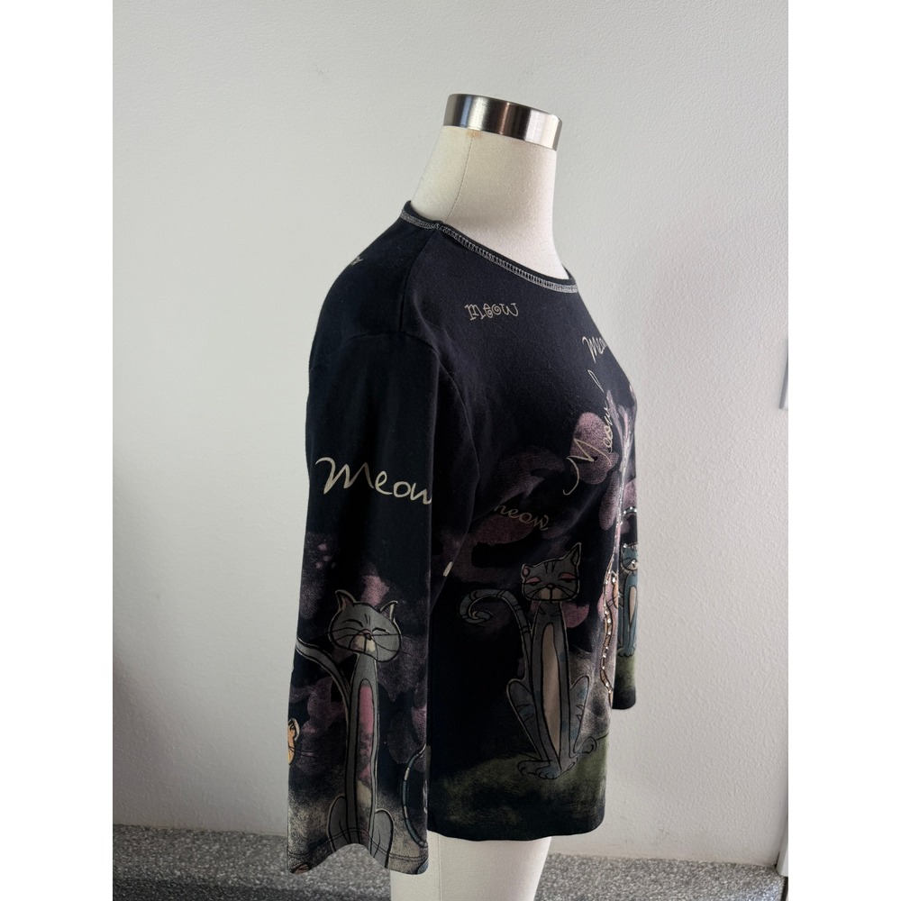 Jess & Jane Womens Large Meow Meow Cat Black Cotton Top USA 3/4 Sleeve Shirt - Picture 8 of 9